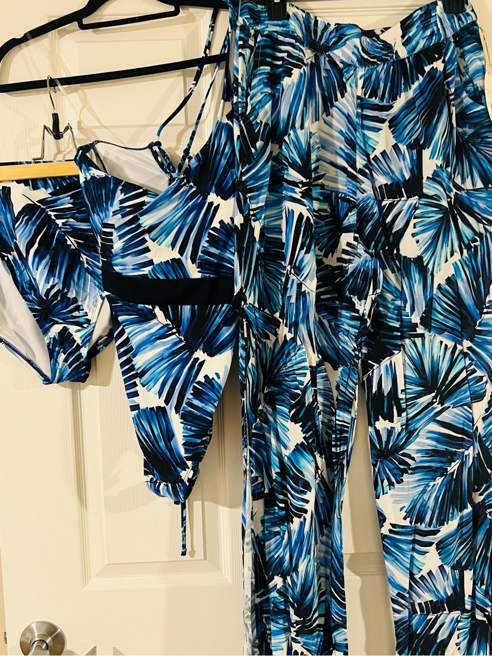 Blue Palm-Print Wide-Leg Jumpsuit with Adjustable Straps
